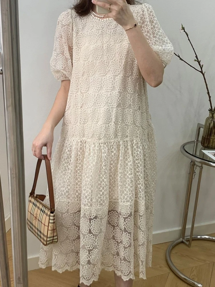 Elegant Round Neck Lantern Sleeved Long Dress Women Causal Loose Lace Hollow Out Dresses New Summer Female Street Robe