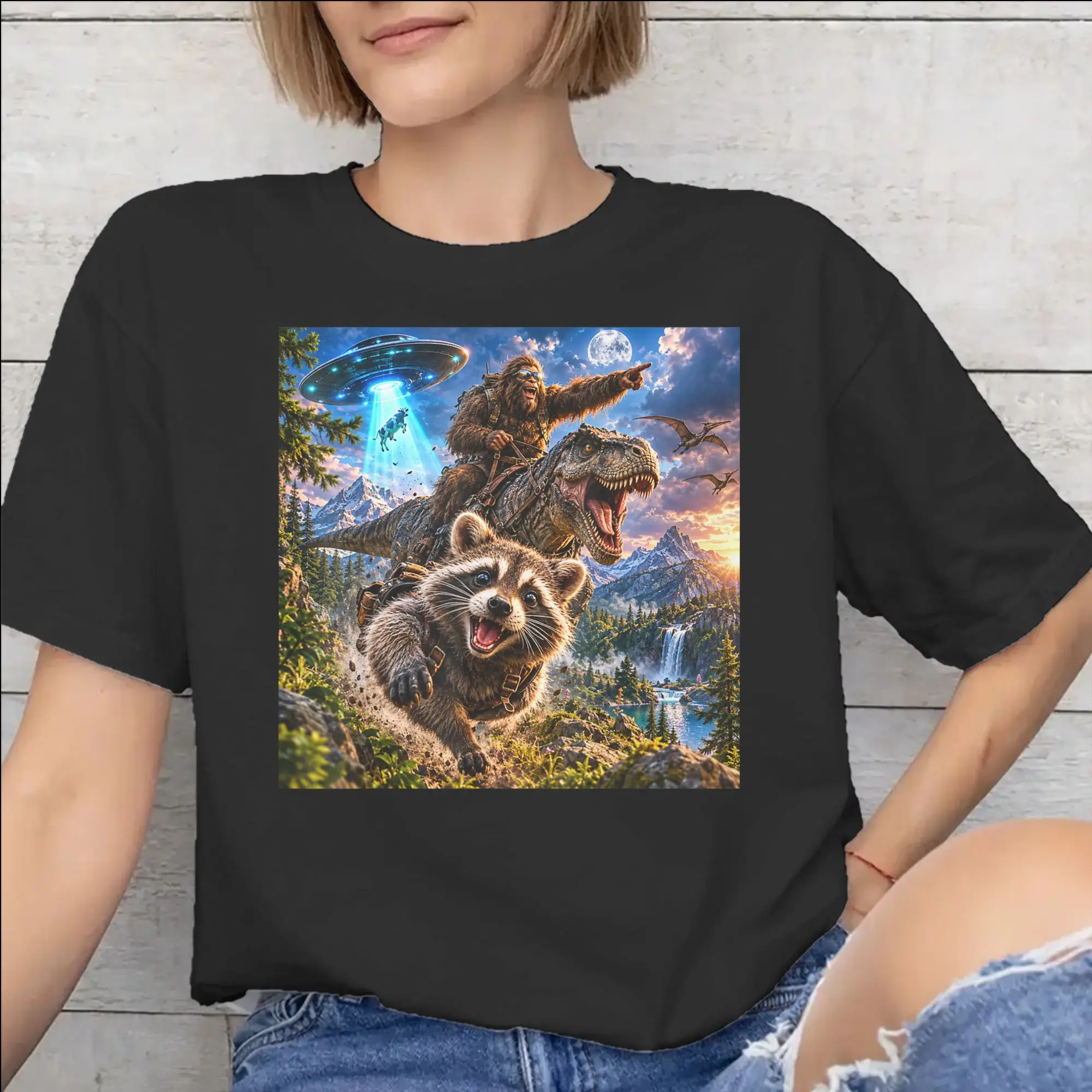 Funny Bigfoot Ride Dinosaur Raccoon Outfit Men Women T Shirt Cotton Tee New Arrival  Tops T-shirt