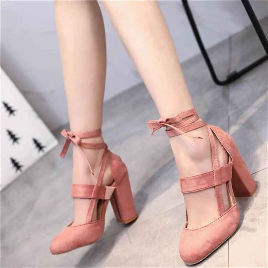 

Plus Size 34-43 Ankle Strap Women Pumps Sandals Round Toe Flock/PU Shallow Ladies Thick Heels Sexy Hollow Party Shoes Dress 2025