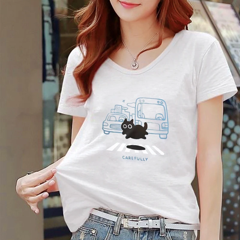 

The Road Cat Cute Cartoon Black Cat Woman Tee Shirt Crossing Fitting Soft Leisure Breathable Pleasure Comfort Tops