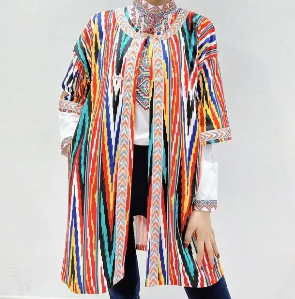 Chinese Xinjiang Uighur Women Spring Cardigan Striped Coat Colourful Ethnic style Long Shirt Loose