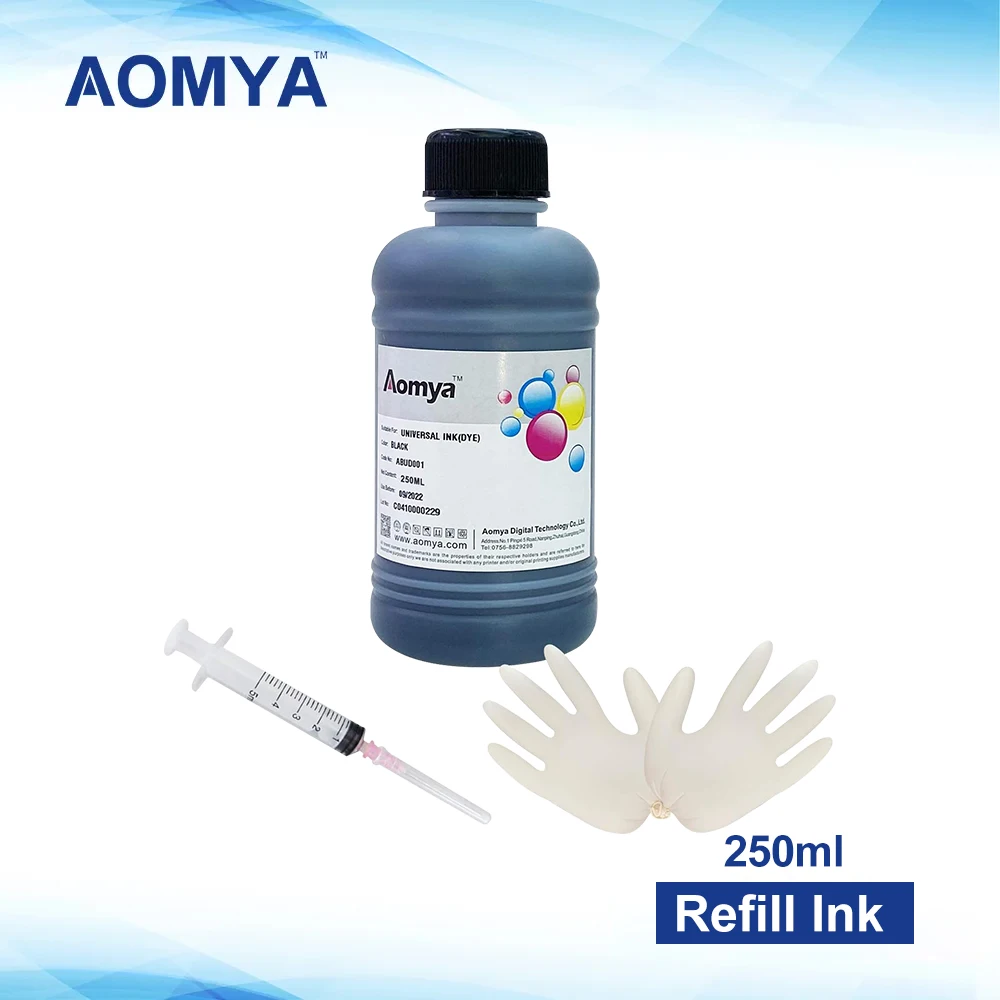 Aomya Black Refill Dye Ink kit 250ml Universal Bulk Ink for HP Canon Epson Brother Printers , Refillable Ink Cartridges ,CISS