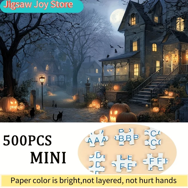 1 Box(500 - piece) Puzzles for Adult Moonlit Pumpkin Lanterns & Black Cats Town Applied for Party Games & Activities, with a m