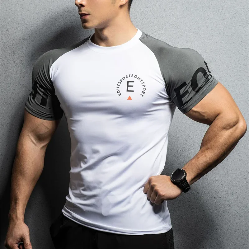 Summer New Men\'s Sports T-shirt Running Gym tops Exercise Slim Fit Elastic Quick Dry Short sleeved fitness T-shirt men clothing