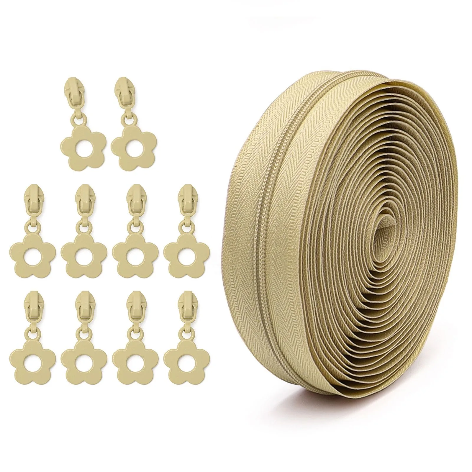 #3 Nylon Zipper 4.5 Meters and 10 Small Flower Zipper Pulls Suitable for DIY on Suitcases Bags and Pencil Cases