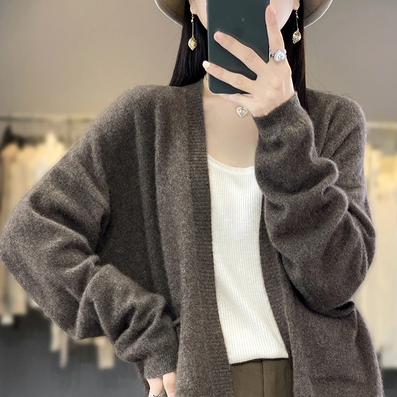 

Open Stitch Cardigan 2025 Spring Autumn New Loose Solid V-Neck Women Sweater Pockets Casual All-match Knitwear Short Female Tops