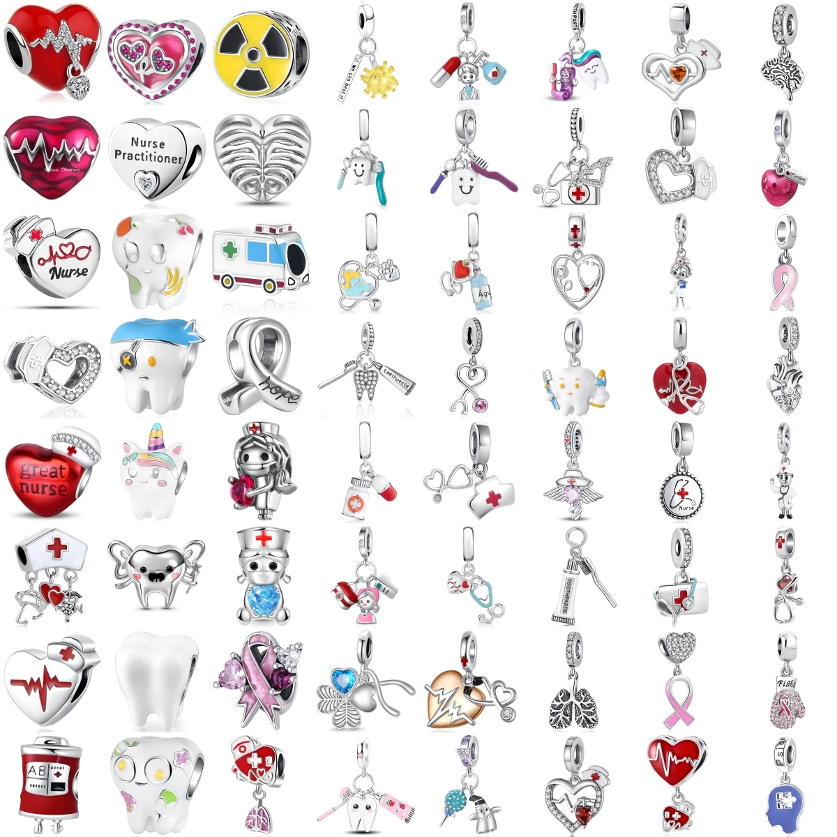 925 Silver Medical Nurse Charms Beads Heart Tooth Ambulance Dangle Charm Fit Bracelet DIY Jewelry Making Gift for Women Girls
