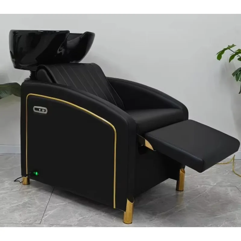 Salon Shampoo Chair Professional Black Shampoo Chair Hair Washing Station with Ceramic Sink Bowl for Salonshop by Luxmars