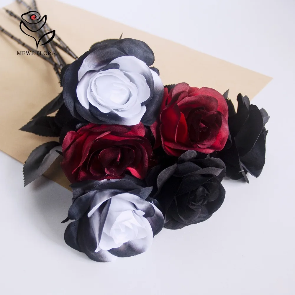 5PCS Artificial Gothic Rose Silk Flower with Long Stem Realistic Black Wine Red Roses Wedding Bridal Bouquet for Halloween Decor