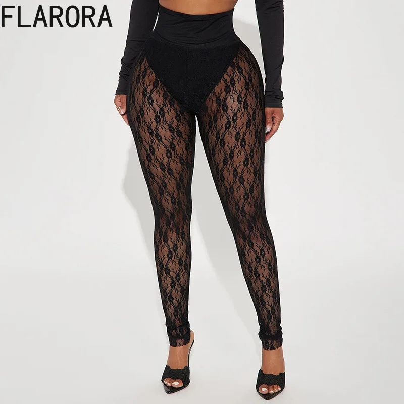 FLARORA Sexy Lace Patchwork Legging Pants Woman Solid Color See Through High Waist Skinny Pant Hottie Wild Street Spring Bottoms
