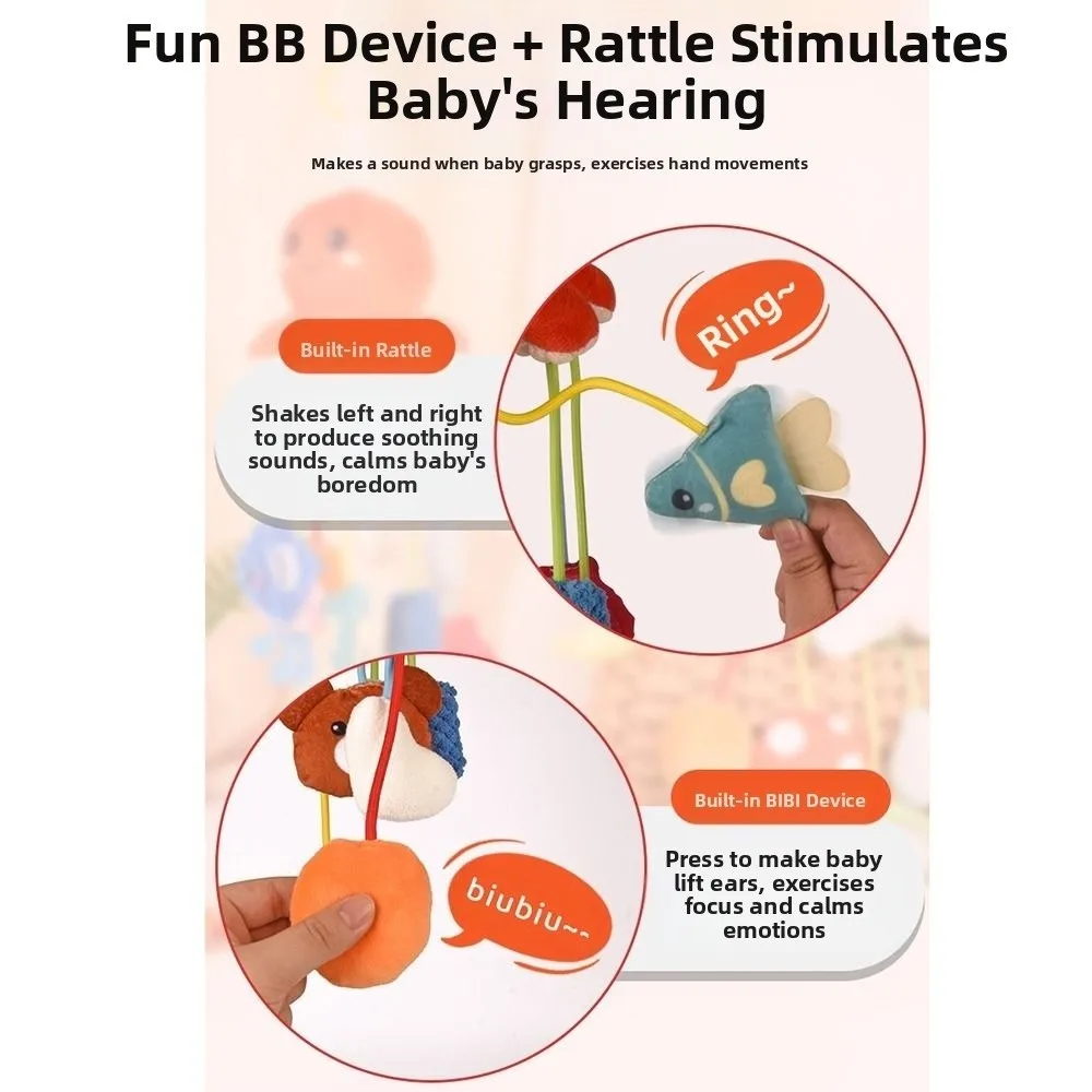 Cute Animal Design Sensory Stroller Hanging Ornaments Hand Grip Pull String Animals Bed Bell Dolls Soft Teether with Ring Hook