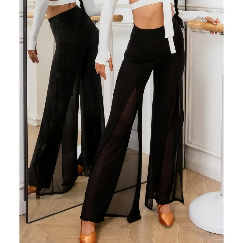 أسود اللاتينية الرقص السراويل النساء عالية الخصر 2-layer شبكة واسعة الساق ليوبارد اللاتينية ممارسة السراويل قاعة الرقص الملبس #2