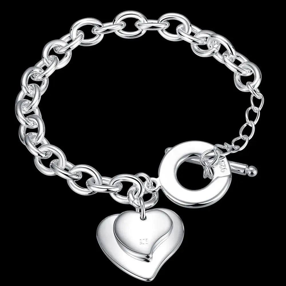 

925 Sterling Silver Romantic Double Heart Card Pendant Bracelets For Men'S Women Wedding Party Christmas Gift Fashion Jewelry