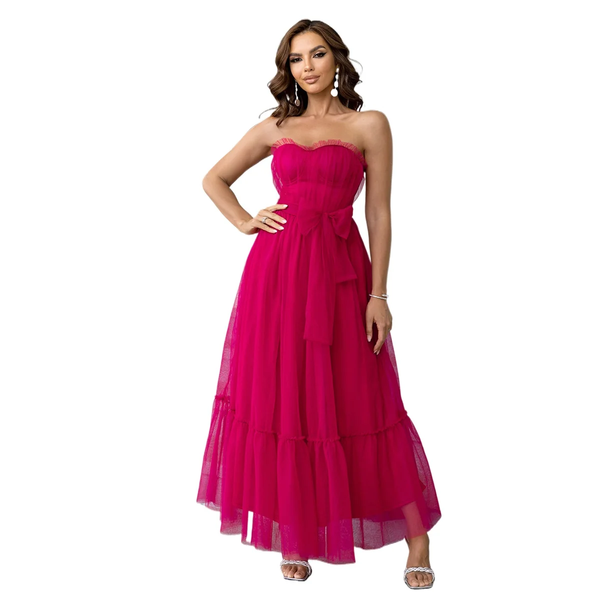 

Sexy Sweetheart Sleeveless Mesh Lace-up Long Solid Color Dress