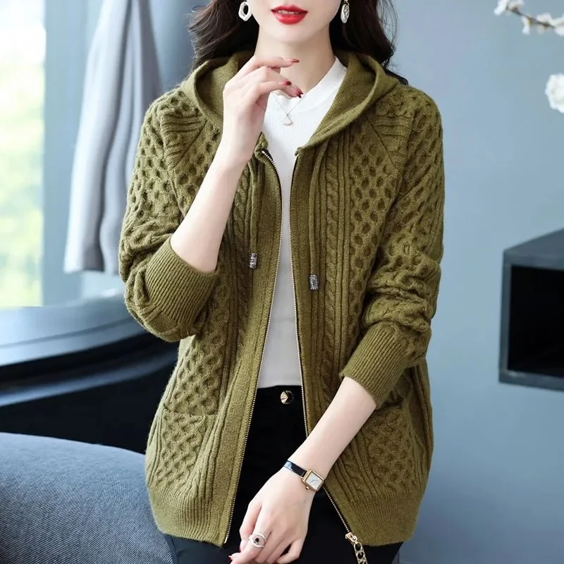 2023 New Zipper Hoody Sweater Women\'s Spring Wear Knitted Cardigan Women\'s Short Sweater Coat Loose Large Female\'s Knitwear Coat