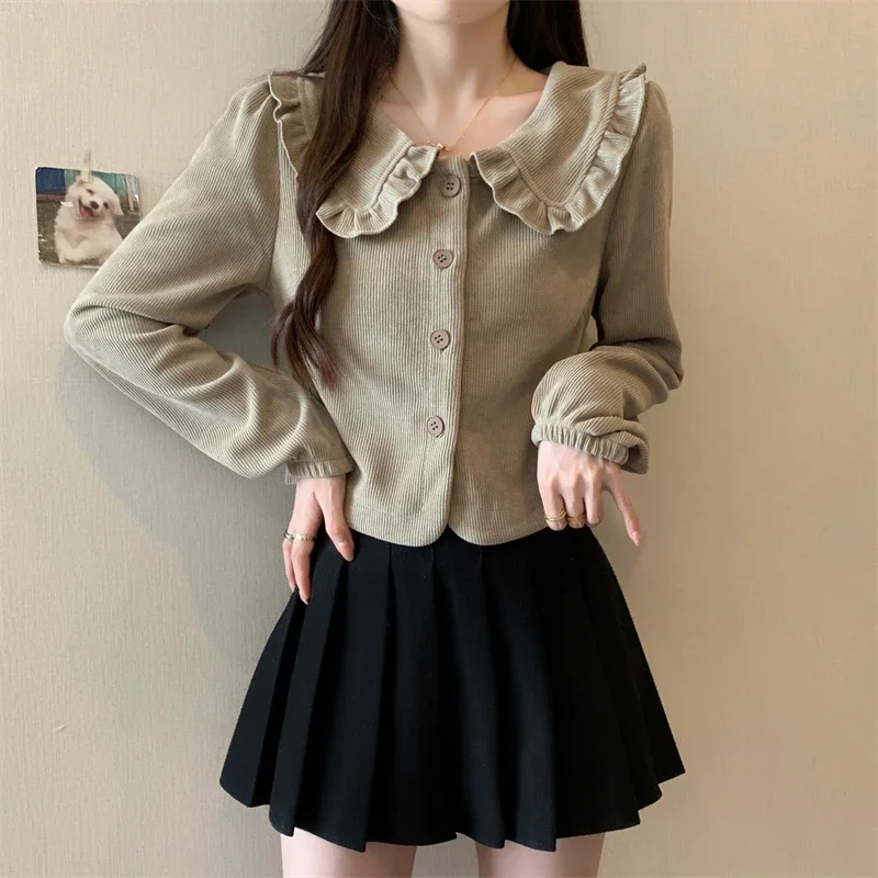 Kawaii Doll Collar Corduroy Shirts Women Spring Autumn Single Breasted Blouse Female Vintage Long Sleeve Streetwesr Tops Y2k New