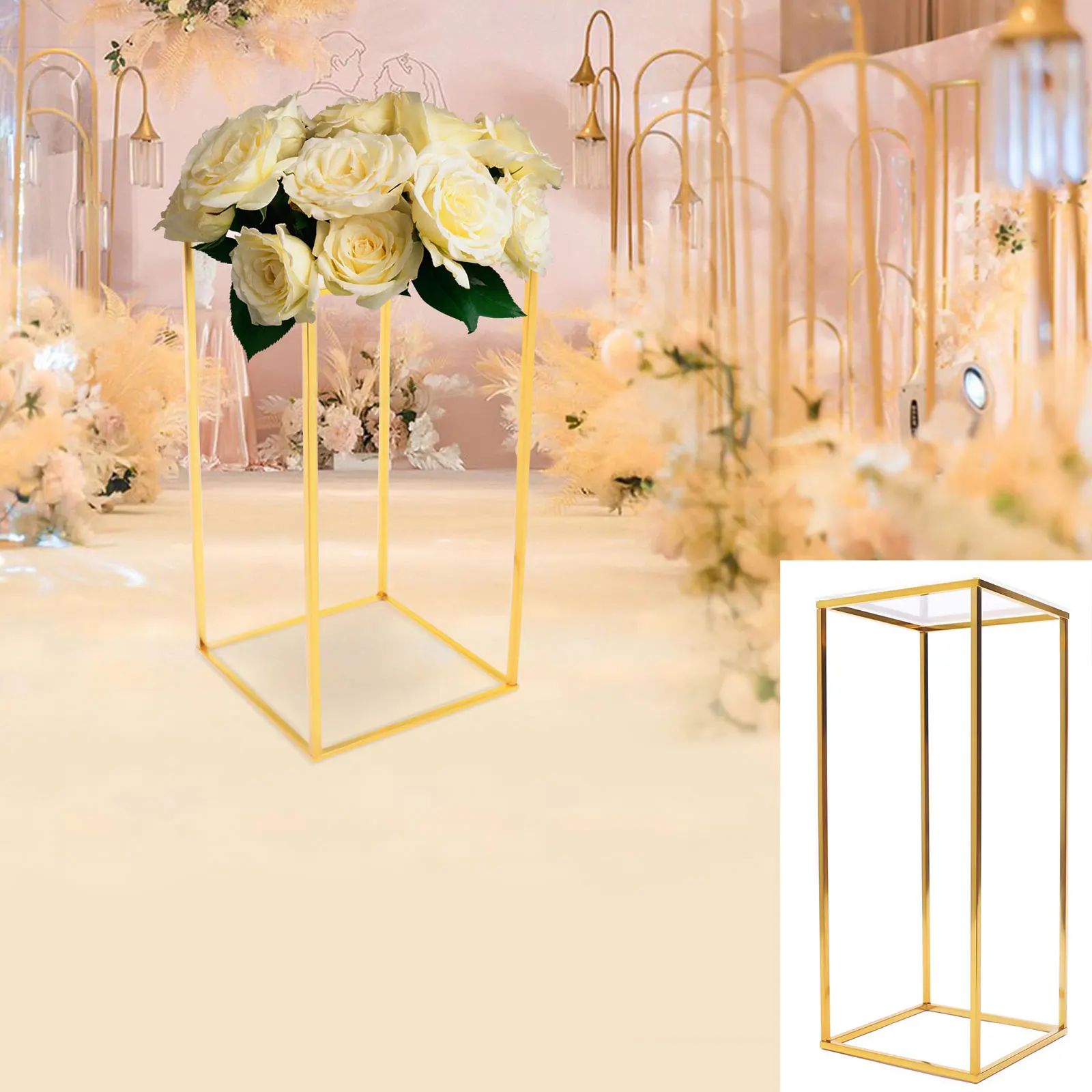 25*25*60cm Gold Flower Floor Stand Metal Column Flower Stand Flower Arrangement For Wedding Party Dinner Centerpiece