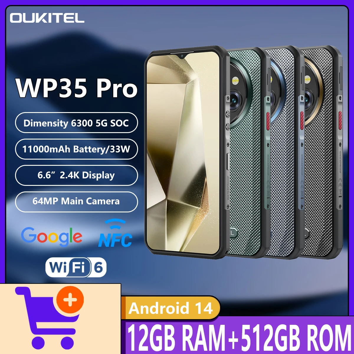 Противоударный смартфон OUKITEL WP35 PRO 5G с 6,6-дюймовым 2.4K-дисплеем, процессором Dimensity 6300 5G, камерами 64 МП + 32 МП, аккумулятором 11000 мАч, быстрой зарядкой 33 Вт, Android 14, NFC.