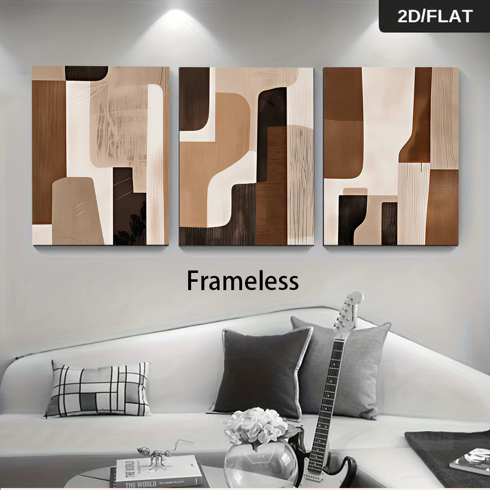 1 set of abstract geometric triptych frameless paintings, Nordic minimalist wall art, brown-toned abstract art, 2D flat.