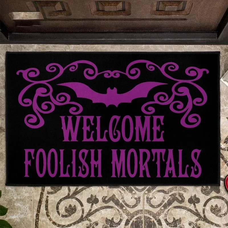 

Haunted Mansion Door Halloween Decor Bat Bath Foolish Mortals Non-Slip Entrance Rug Carpet for RV Floor Washable Welcome Mat