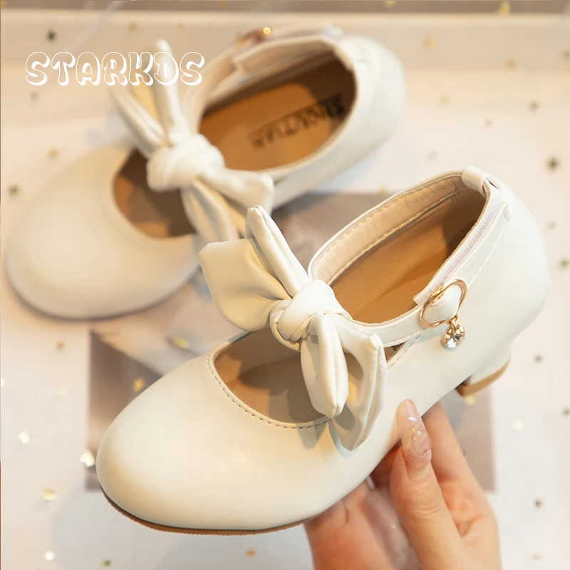 Kid Pump Shoes Girl Luxury Gold White Low Heel Dance Zapatos Child Fashion Bowknot Ankle Strap Mary Janes Wedding Party Footwear