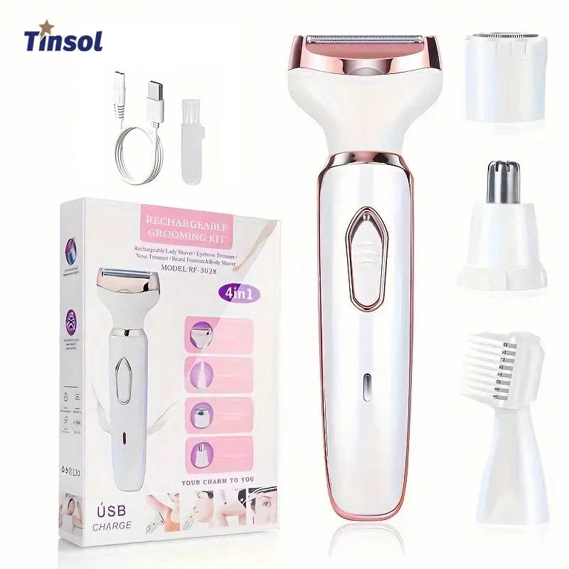 

TINSOL 4-в-1 электрическая женская бритва, эпилятор для волос на теле, подходит для лица, носа, ног, подмышек, триммера для бикини, женский подарок