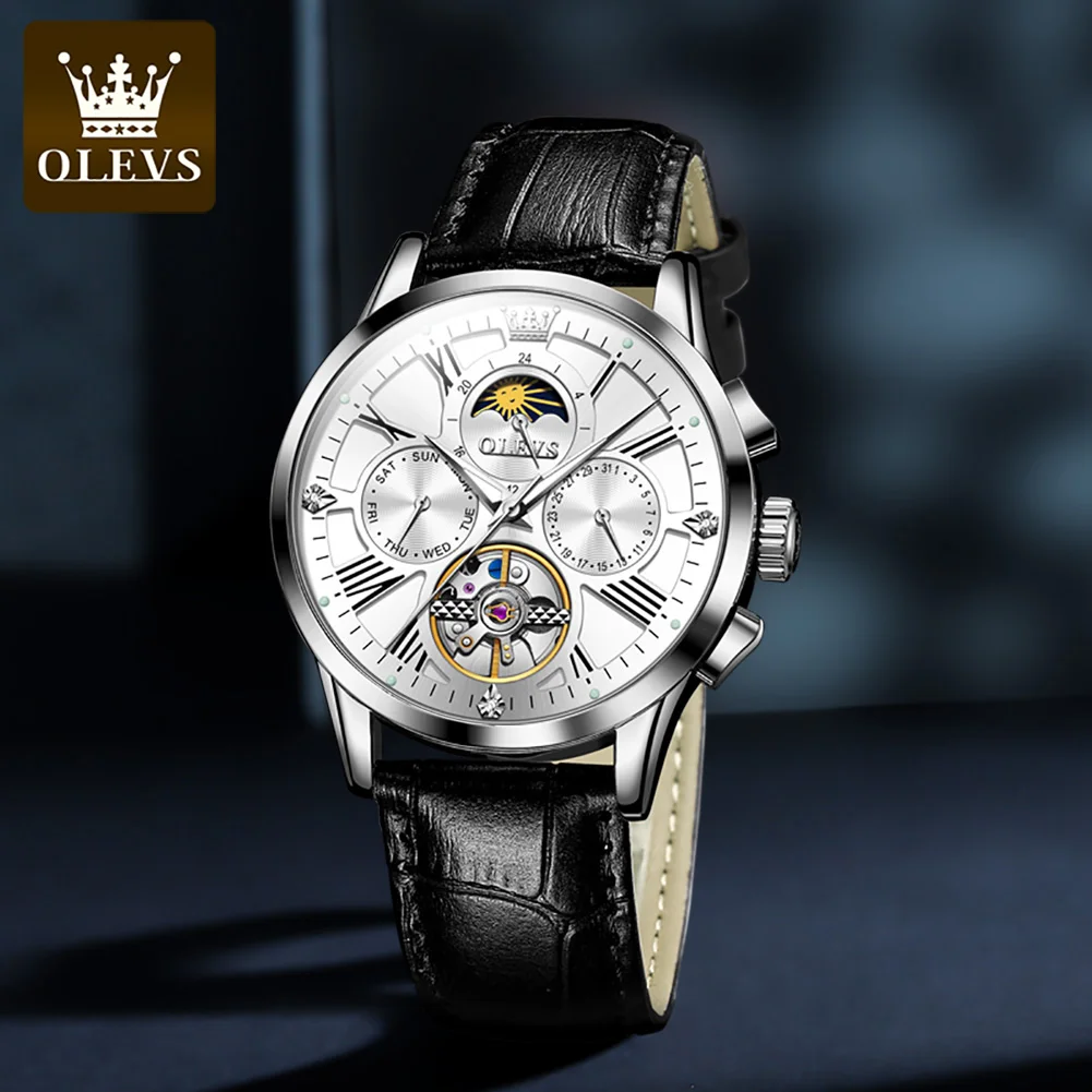 OLEVS 9912 Luxury Man Watch Leather Strap Hollow Out Automatic Mechanical Wristwatch Moon Phase Waterproof Calendar Mens Watches