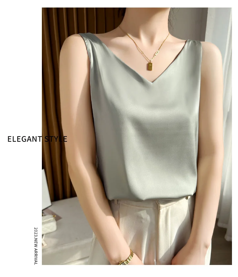 Seidensatin-Damen-Tanktop mit doppelter Schulterpartie, V-Ausschnitt, ärmelloses Top, T-Shirt, elegantes Crop-Top, solide, lässig, Basic, 2025, Sommer – Detail 20