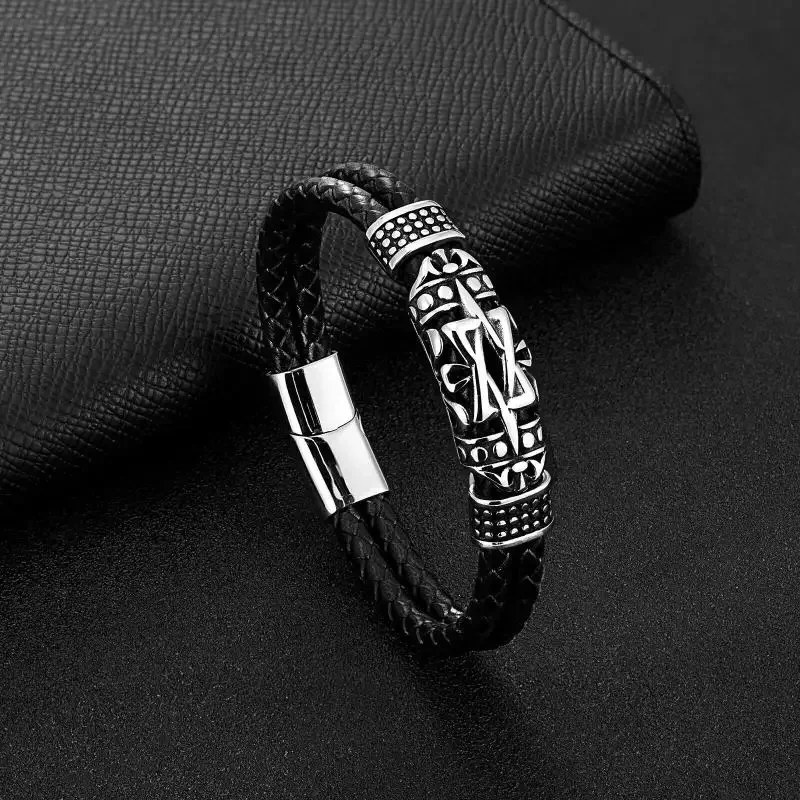 Classic Star of David Leather Bracelet Men\\'s Charm Handwoven Leather Bracelet with Magnetic Clasp Religious Pagan Jewelry