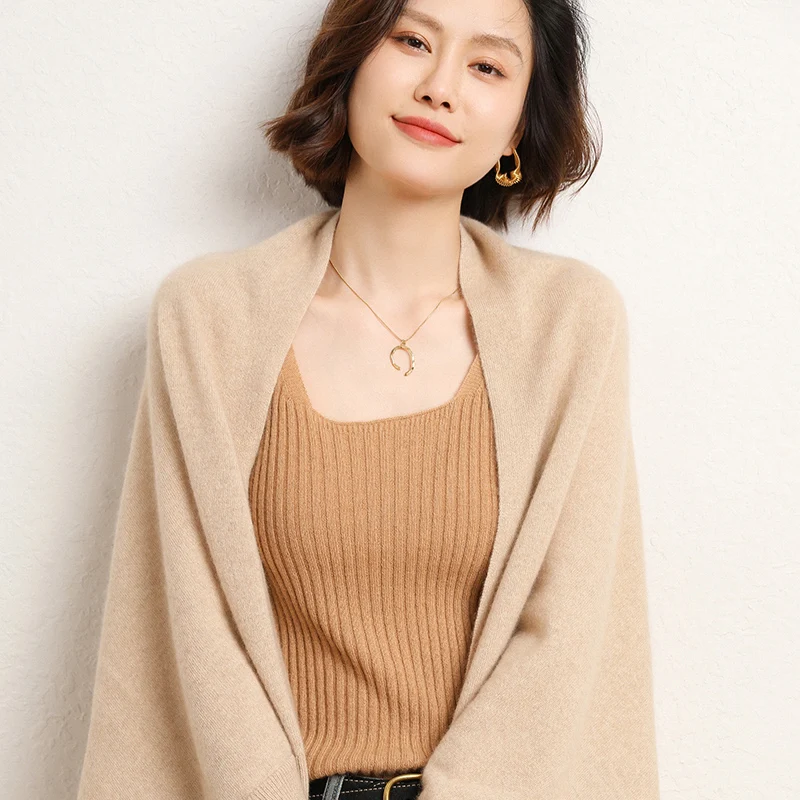 Autumn and winter High end 100 wool women's shawl casual knitted solid color women's new cardigan shawl comfortable and soft