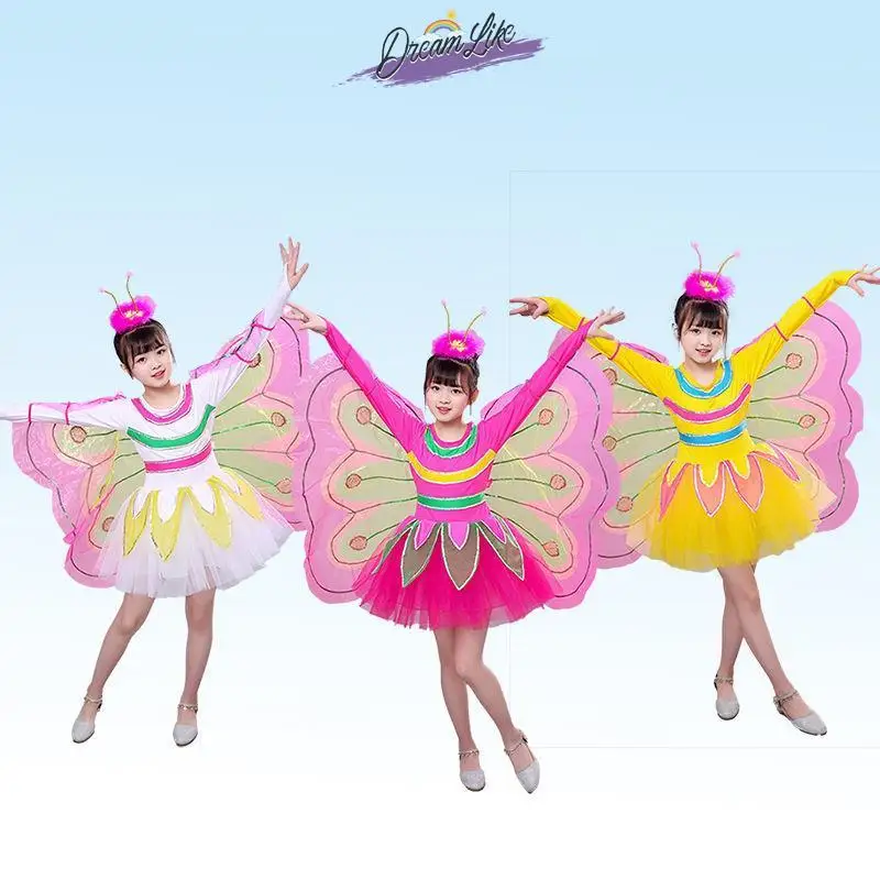 

loween Children's Performance Costume Girl Fly Performance Clothes Fairy Wings Dr Skirt for Girls Dance