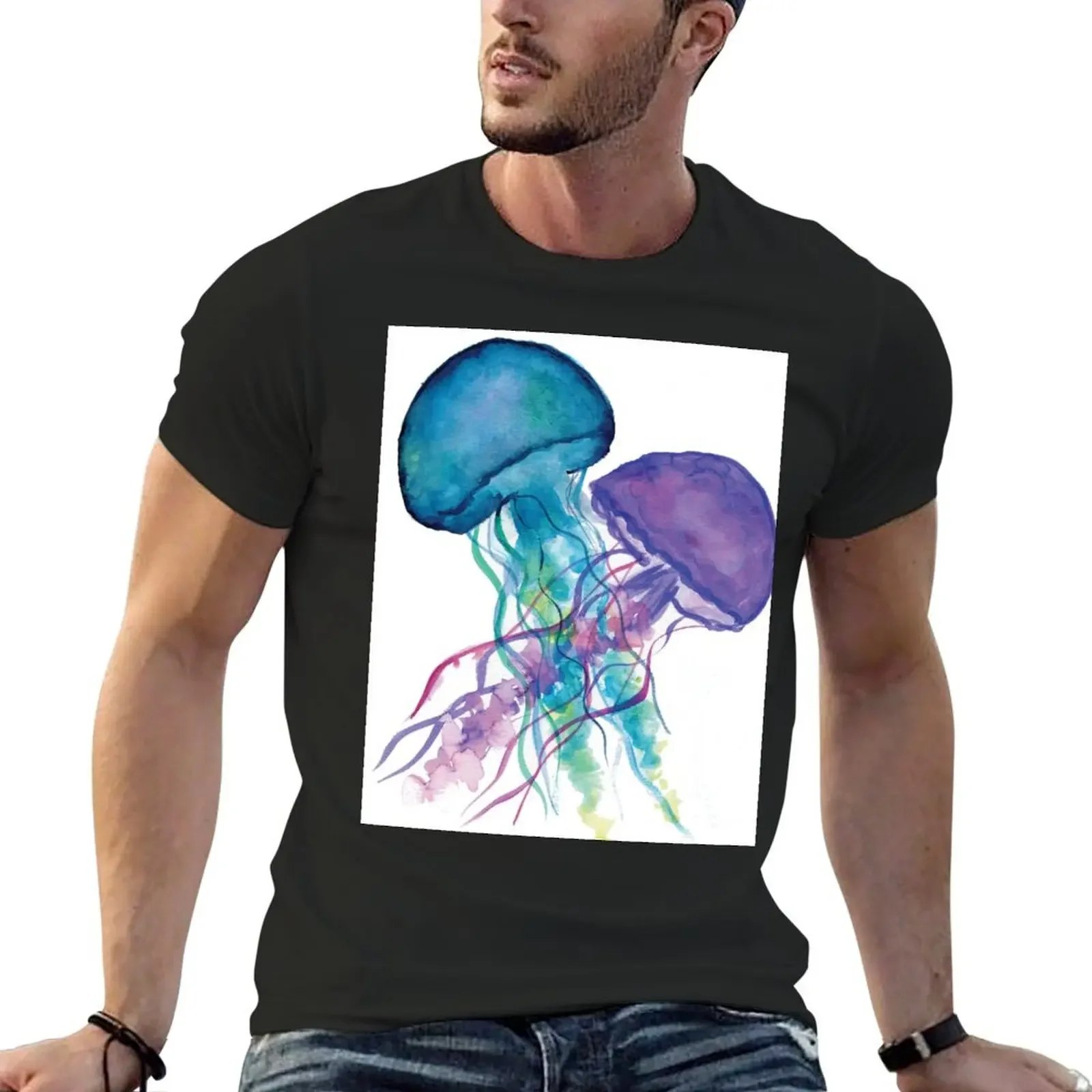 Purple and blue jellyfish watercolor T-Shirt plus sizes designer shirts sports fans Men's t-shirts