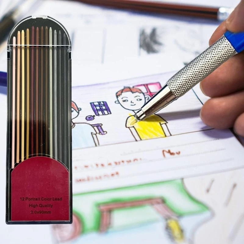 W89C Механические карандаши Установите 2,0 мм автоматические карандаши с 12 цветами. Заполнение рисования карандашей.