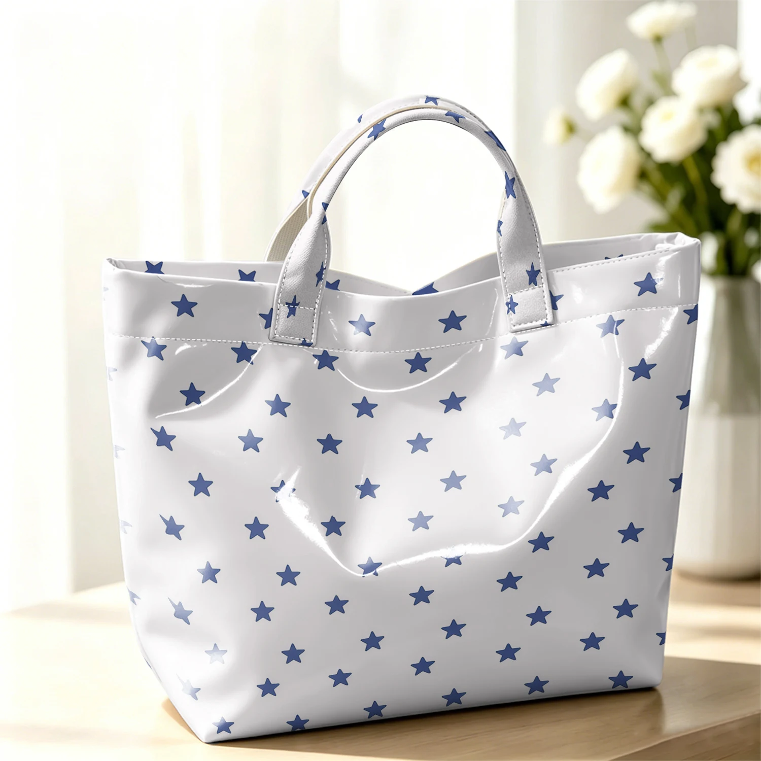 Tiny Blue Star Stylish Large Glossy PVC Tote Bag Washable Waterproof Durable Ideal for Travel Commute Cosmetics Books Handbags
