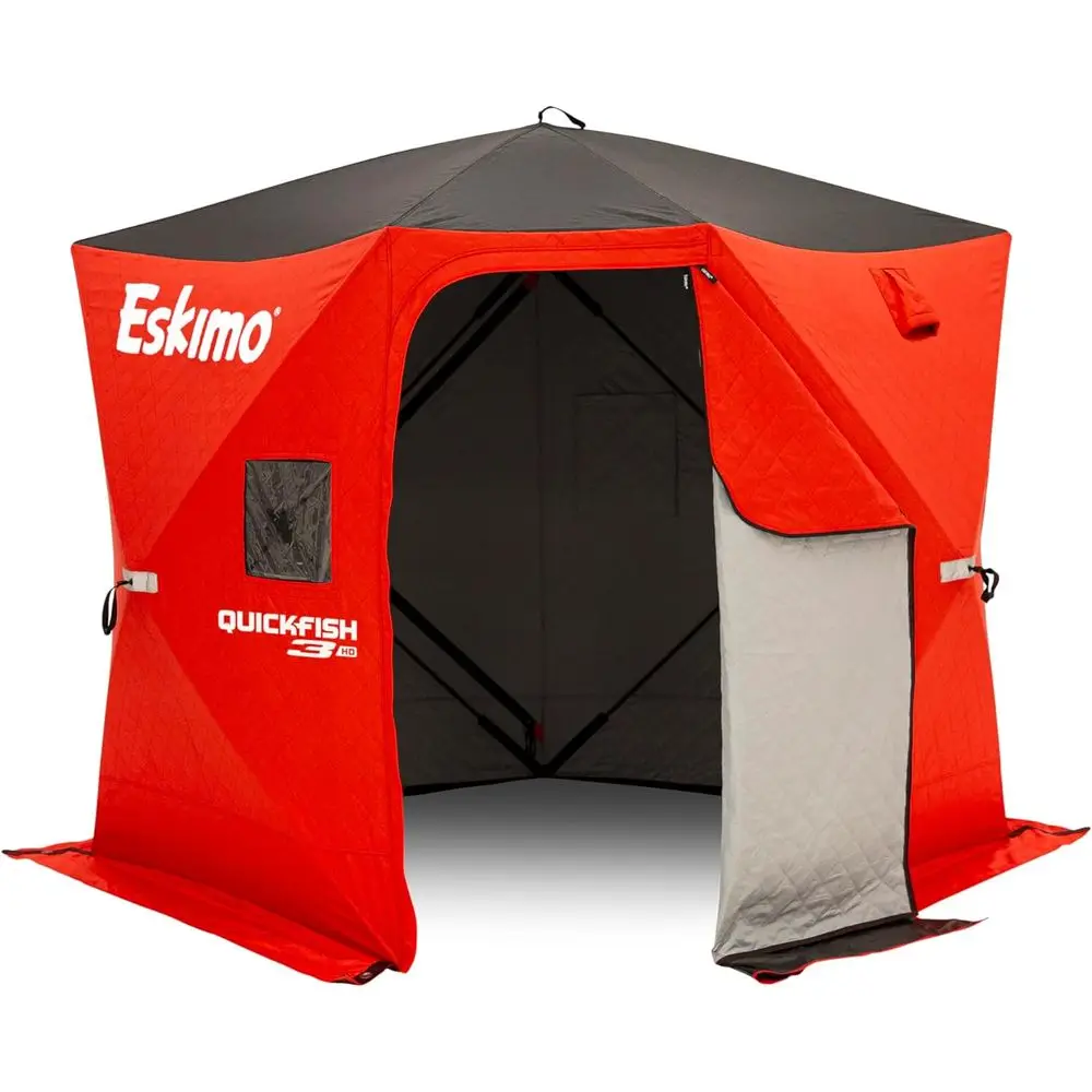 

3-Person Insulated Portable Ice Fishing Shelter with Deluxe Anchor, Red/Black