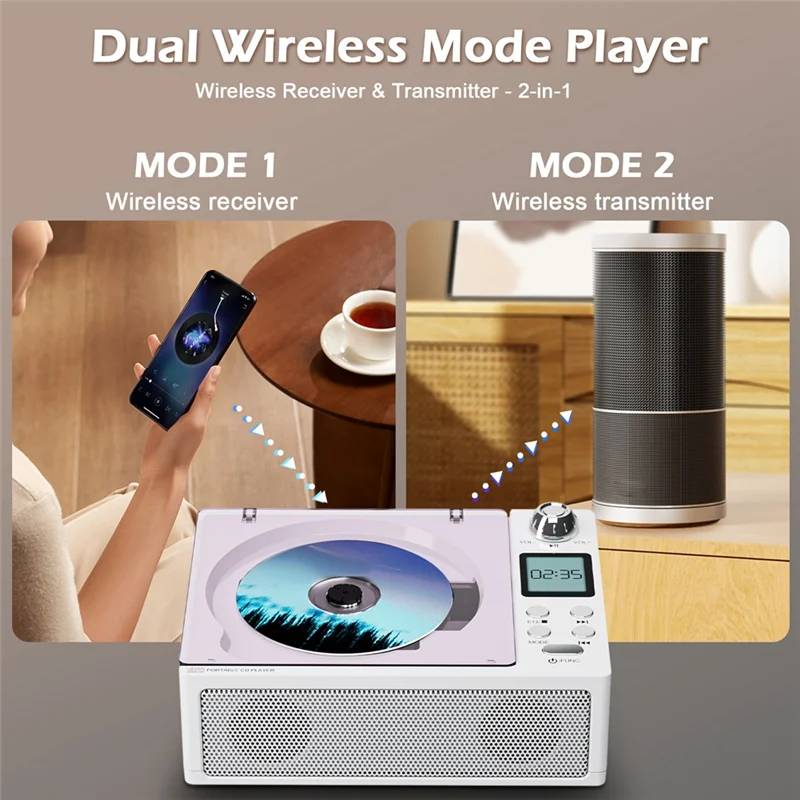 ABSY Pemutar CD Retro Portabel Bluetooth dengan Kualitas Suara Hifi, Speaker Ganda, Mendukung USB/Kartu TF/FM