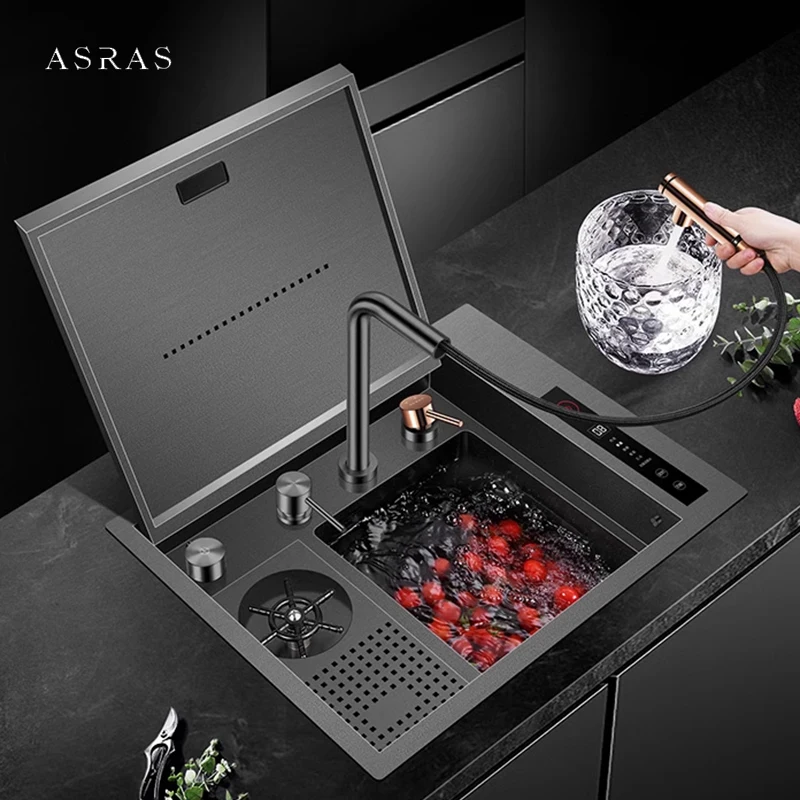 ASRAS Island Hidden Smart Purifying Kitchen Sink Nanometer SUS 304 4mm Thickness Handmade Cup Rinser Bar Counter kitchen Sinks