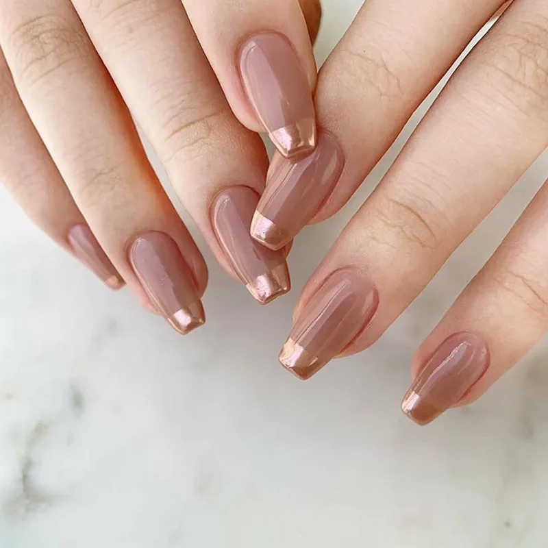 24Pcs Simple Nude French Short Ballet False Nail Detachable Square Head Silver Edge Fake Nail Set Press on Full Cover Nail Tips