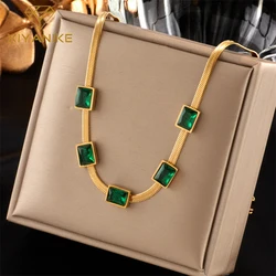 XIYANIKE 316L Stainless Steel Necklace Women Vintage Retro Style Green Square Crystal Decoration Women's Necklaces for Party