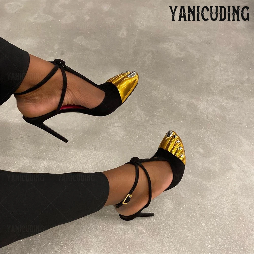 Metallic Toe Stiletto Sandals Novelty Black Suede Buckle Sandals Designer Strange Toes DIY Nail Polish Women's Summer High Heels