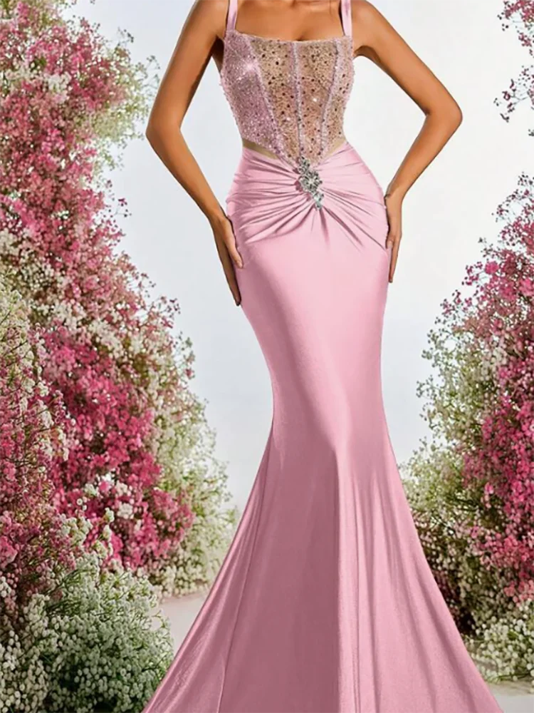 クラシックビーズノースリーブプリーツスパンコールレースアップマーメイドフォーマルイブニングドレス誕生日パーティーウエディングドレスカスタマイズ