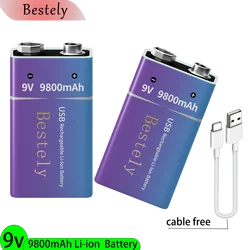New 9V Rechargeable Lithium Battery , 9800mAh Long Lasting 9v Li-ion Batteries with Cable ,for Smoke Detector,Alarms,Microphone