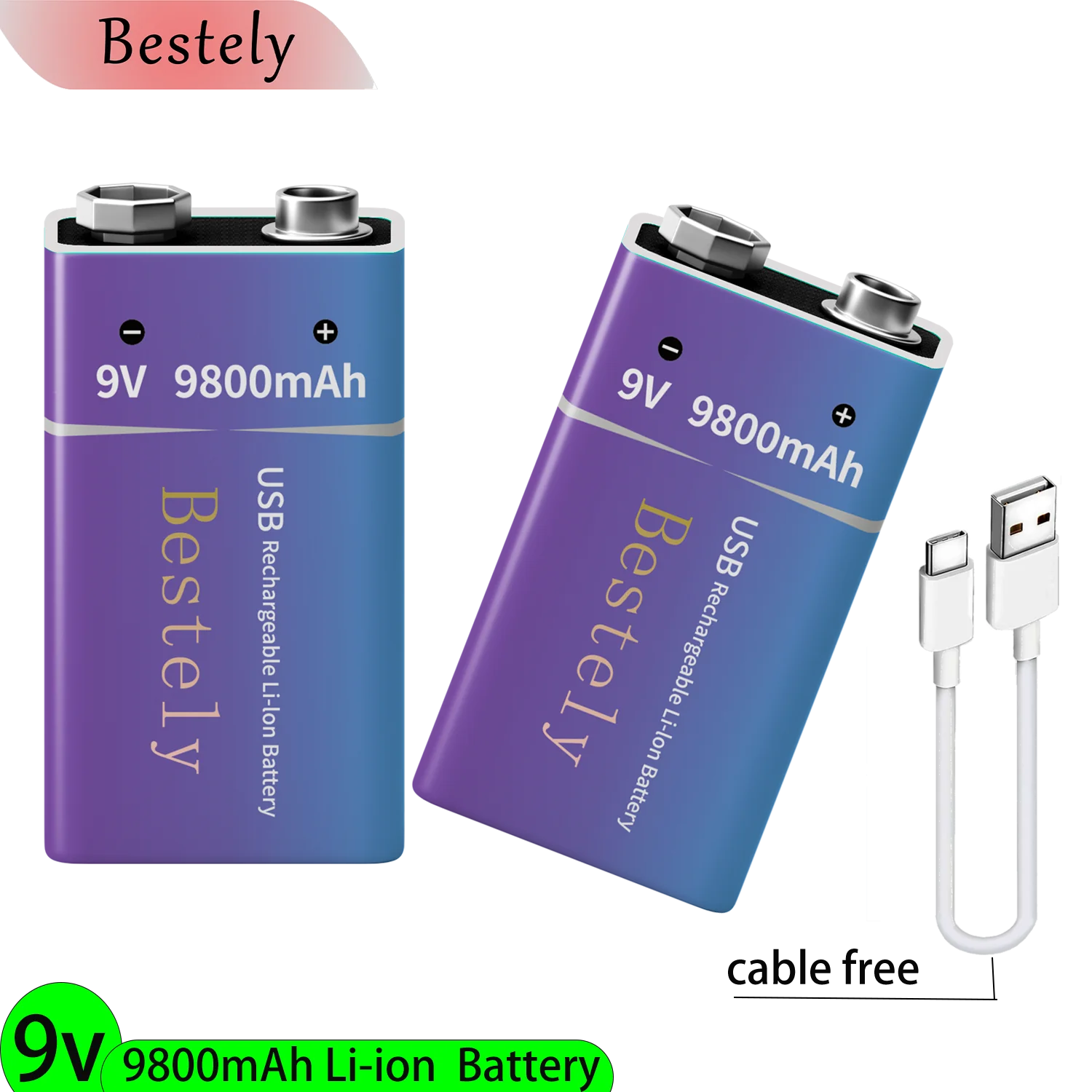 New 9V Rechargeable Lithium Battery , 9800mAh Long Lasting 9v Li-ion Batteries with Cable ,for Smoke Detector,Alarms,Microphone