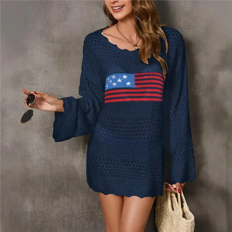 Faionable round Ne Flag Pattern Easter Independent Day Women's Cover up Sweater Thin Long Sve Triacetate Fiber