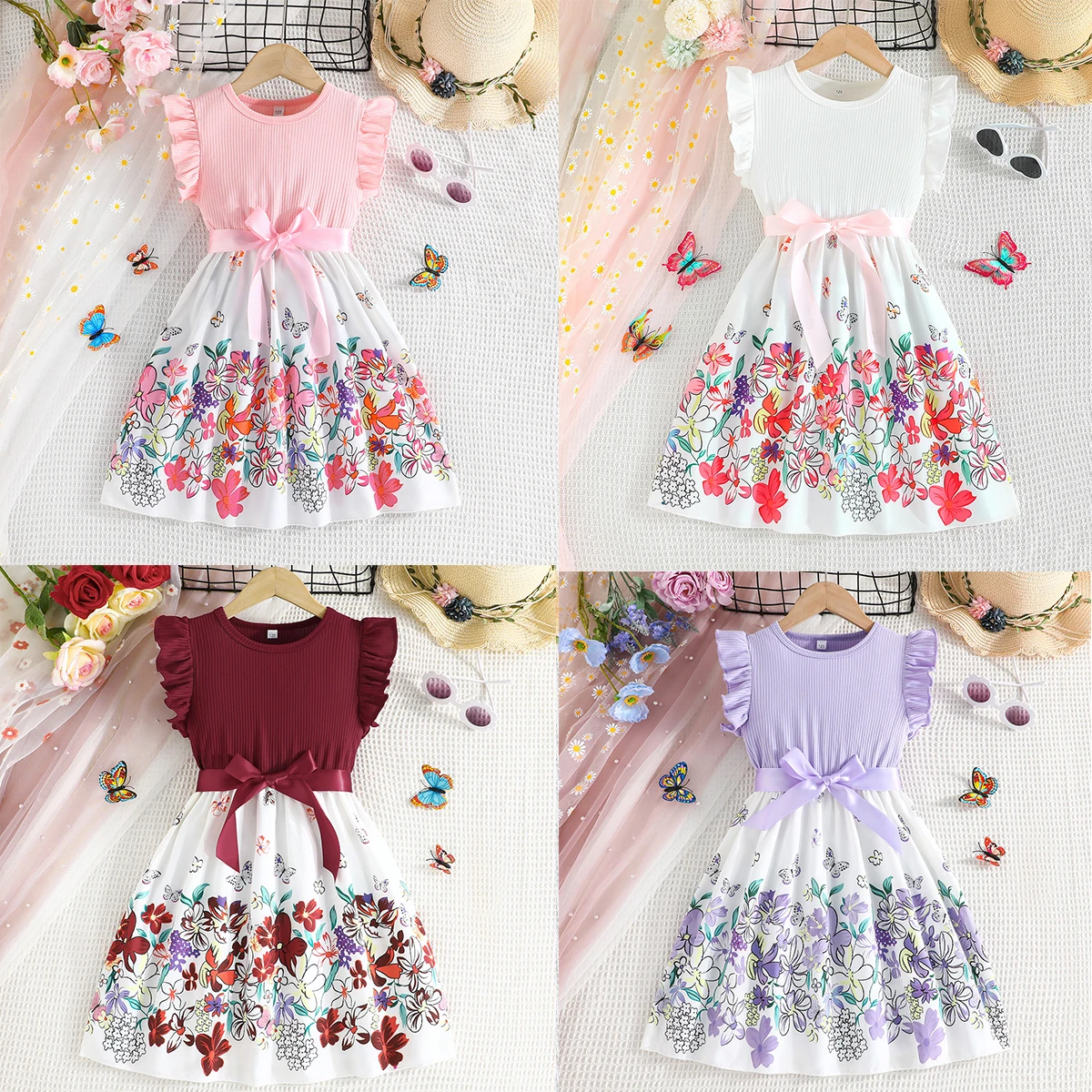 Dress For Kids 3 - 10 Years old Birthday Summer Sweet Splicing Flower Floral Print Sleeveless Princess Dresses For Baby Girls