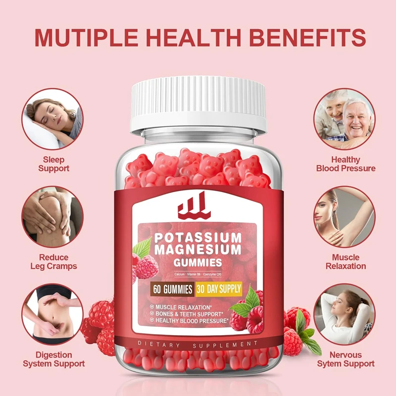 

Adult and children's potassium magnesium gummies, high absorption, suitable for leg spasms and muscle and heart health, 60 pills