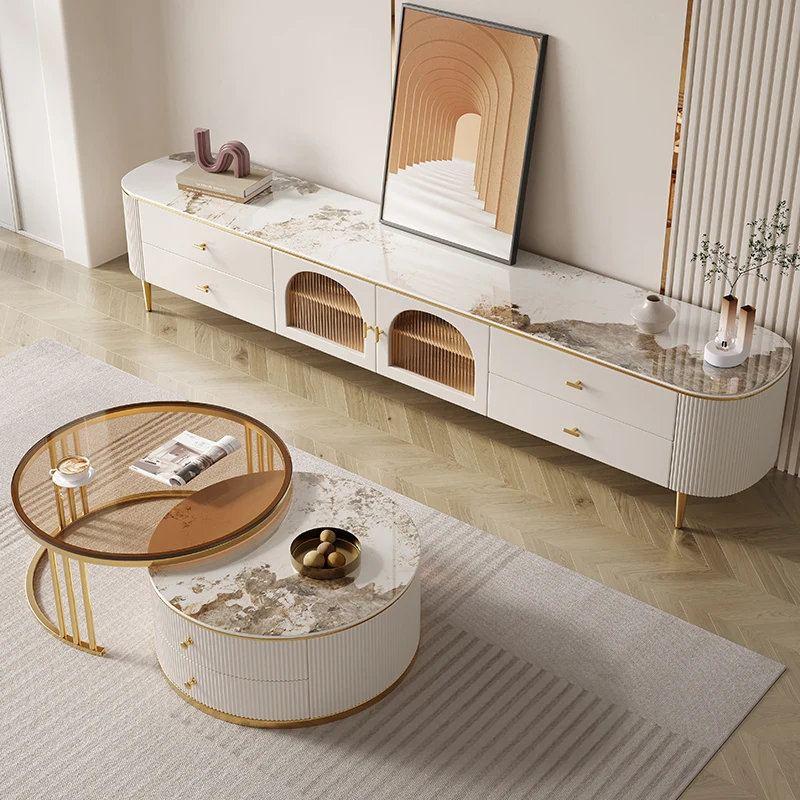 

Modern luxury wood marble LCD TV cabinet living room stand cabinet with drawers floating white furniture design latest 2025