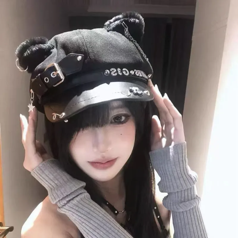 Harajuku Gothic Lolita Cool Punk Skull Spike Cap Biker Nieuws Jongen Hip Pop Hoeden Heren Vrouwen Unisex Baret Kat Oor Ontwerp Punk Caps