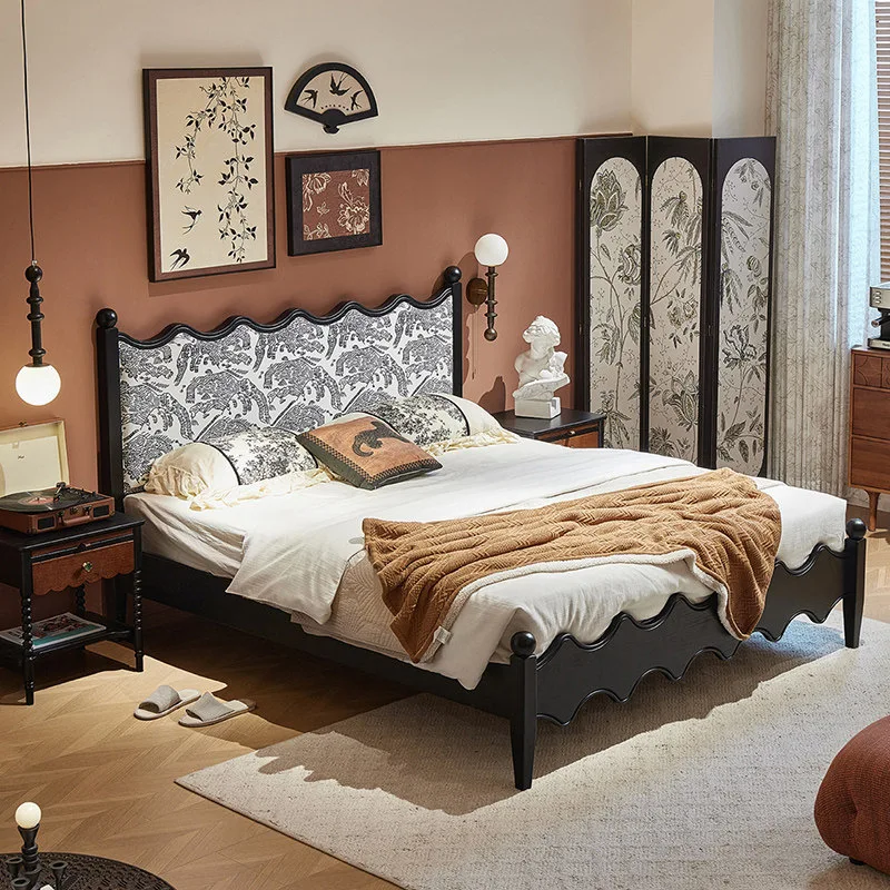 French retro style full solid wood bed bedroom small apartment double bed 1.5 meters ripple wave black soft bag fabric bed