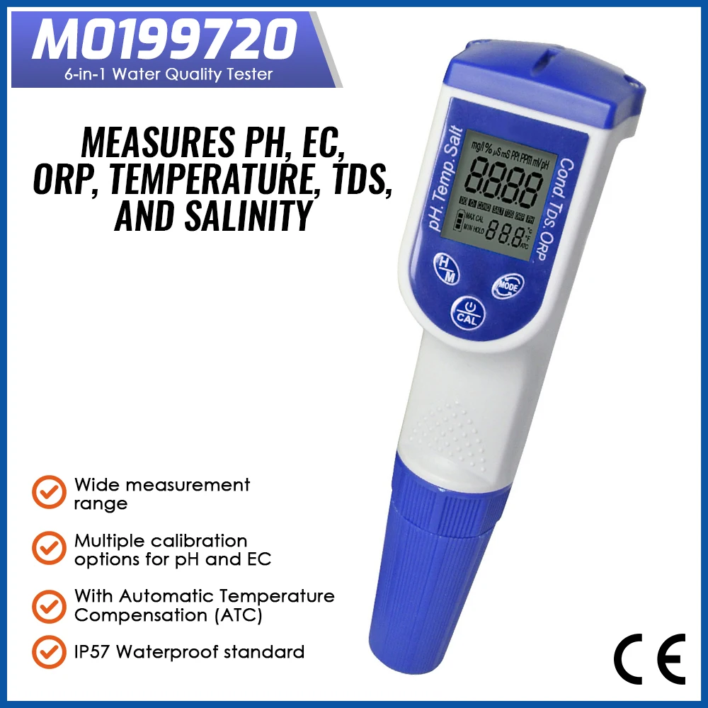 Digital 6-in-1 Multiparameter pH ORP EC TDS Salinity and Temperature IP57 Battery Low Indication for Hydroponics Aquarium